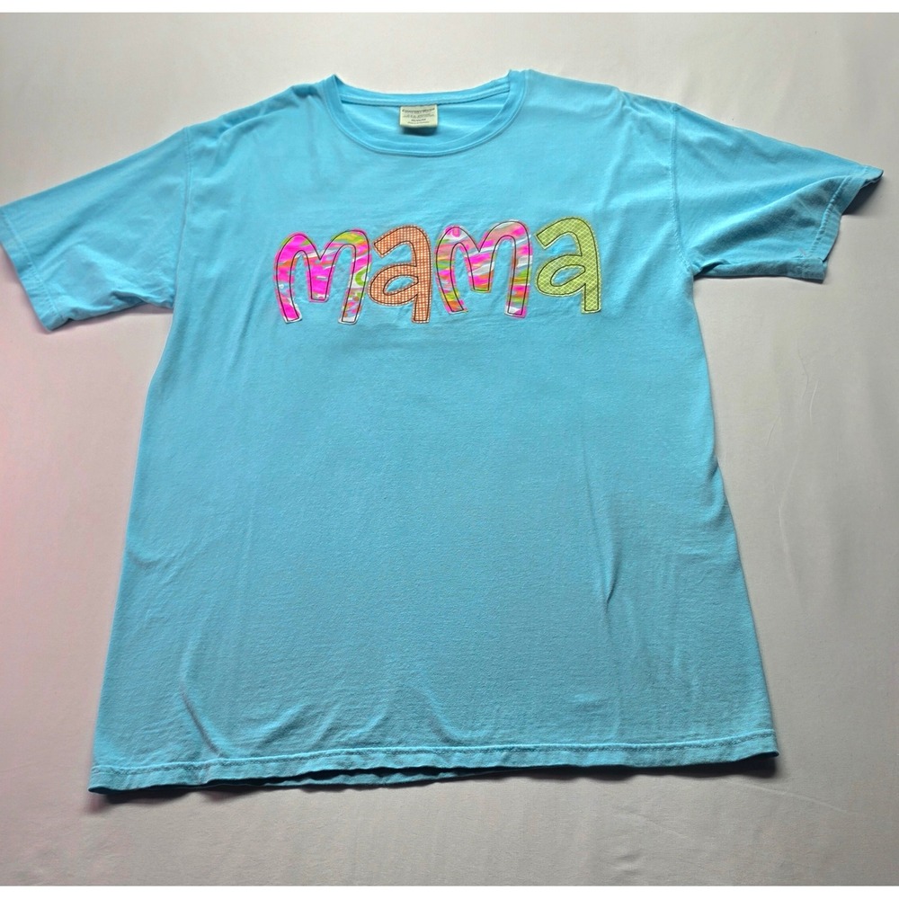 ComfortWash Hanes Mama Applique T-Shirt Womens Medium Blue Short Sleeve Cotton